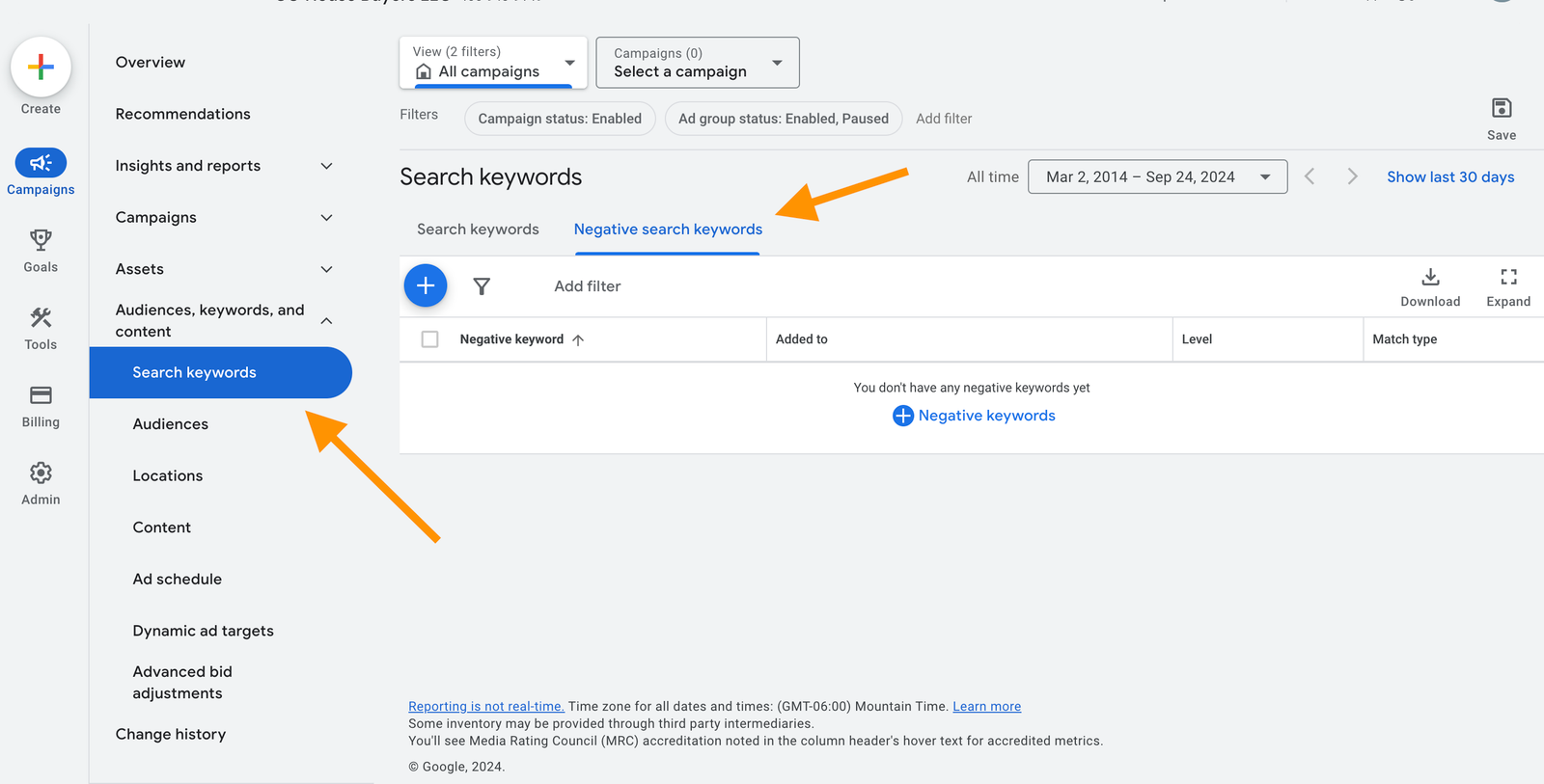 Negative keyword list in a Google Ads campaign