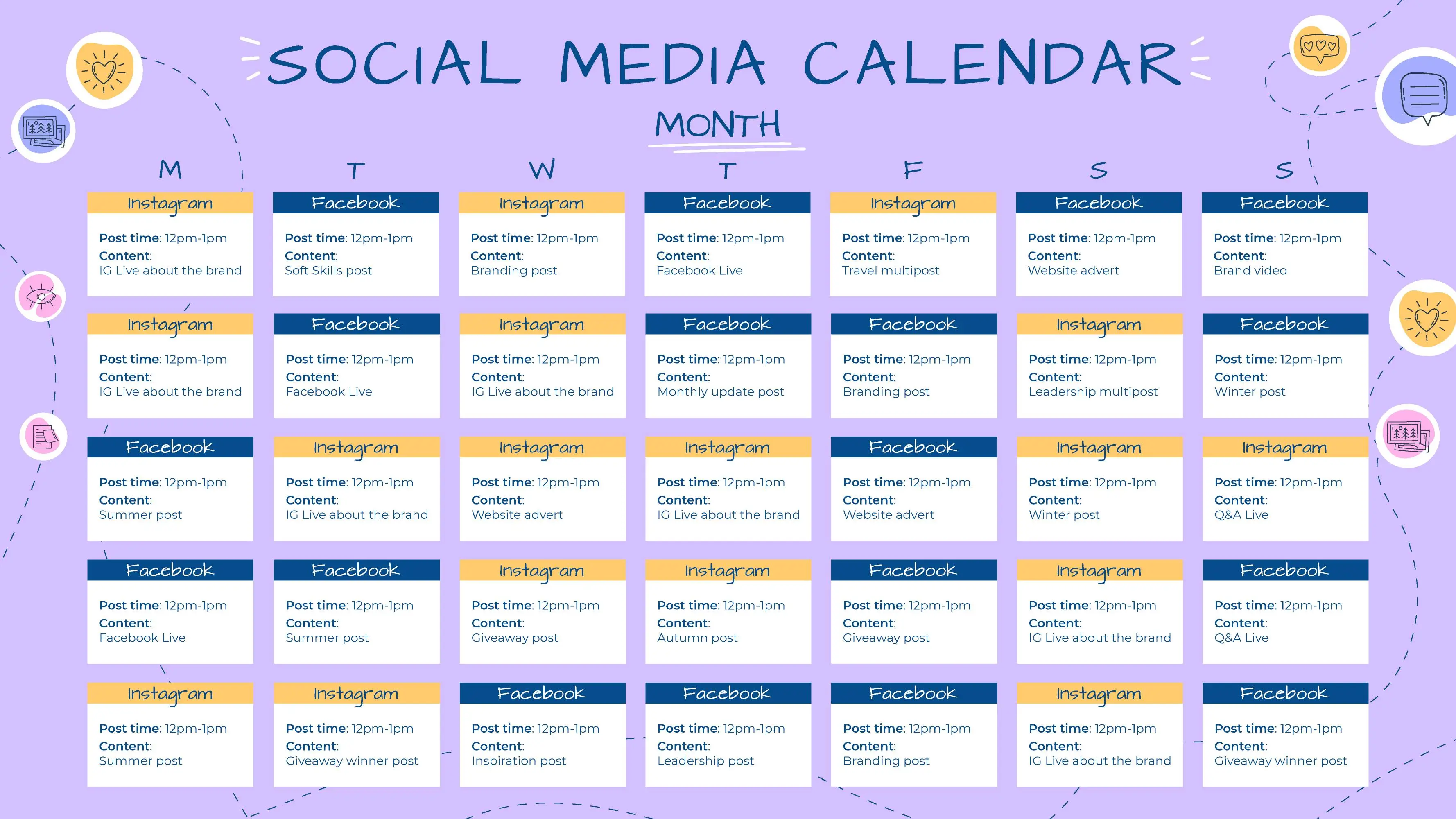 Social media content calendar for a small business